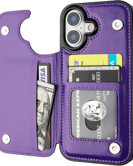 ONETOP Compatible with iPhone 17 Wallet Case with Card Holder, PU Leather Kickstand Card Slots Case, Double Magnetic Clasp and Durable Shockproof Cover 6.3 Inch (Purple)