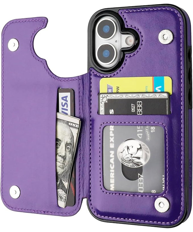 ONETOP Compatible with iPhone 17 Wallet Case with Card Holder, PU Leather Kickstand Card Slots Case, Double Magnetic Clasp and Durable Shockproof Cover 6.3 Inch (Purple)