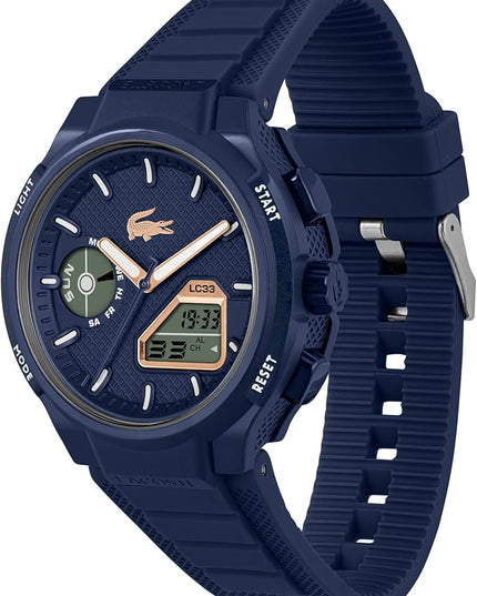 Lacoste LC33 Men's Analog-Digital Watch – TR90 Case, World Clock, Stopwatch, Alarm, Backlight, Textured Silicone Strap, Premium Fashion Timepiece - Gift for Him - 45mm