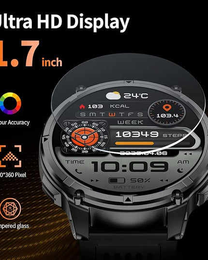 Mens Smart Watch for Android Phones and iPhone,Military Sport Smart Watches for Men Fitness Tracker Watch with Flashlight/Compass/Waterproof/100 Days Battery/Heart Rate/Sleep/100+ Sport Modes