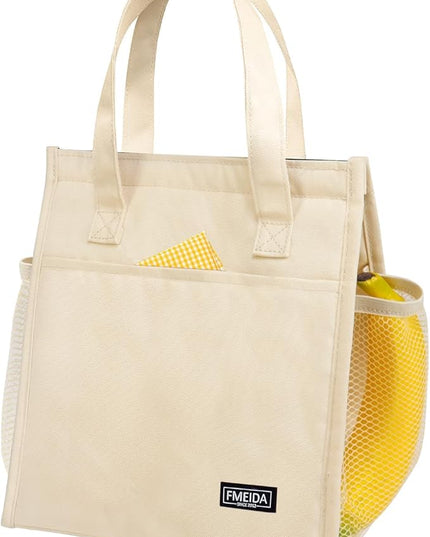 Fmeida Insulated Lunch Bag Women, 9L Large Lunch Bags with Multiple Pockets, Reusable Thermal Cooler Tote for Work, Office, Picnic, Travel | Hook and Loop Closure, Beige