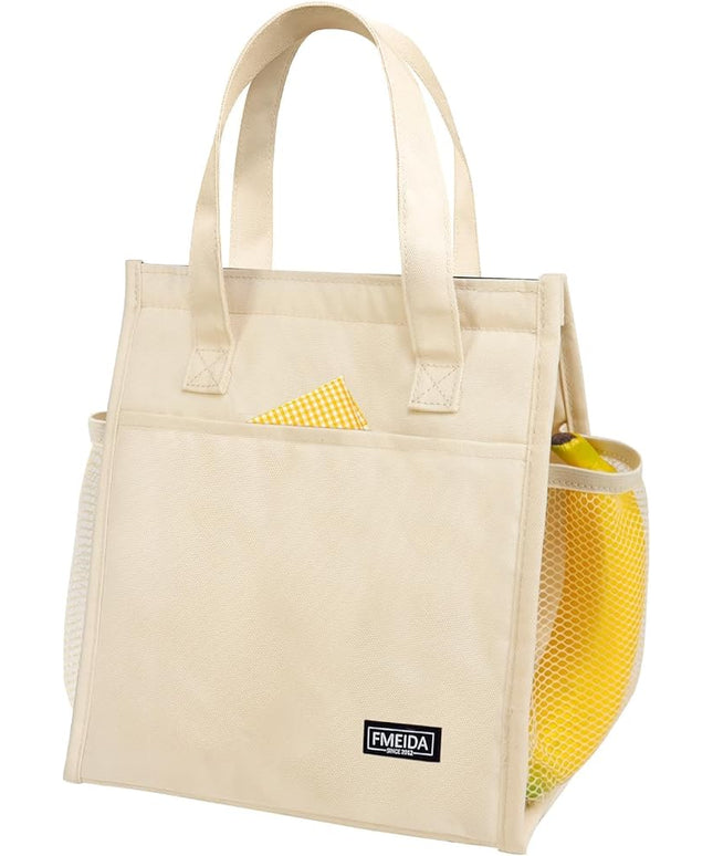 Fmeida Insulated Lunch Bag Women, 9L Large Lunch Bags with Multiple Pockets, Reusable Thermal Cooler Tote for Work, Office, Picnic, Travel | Hook and Loop Closure, Beige