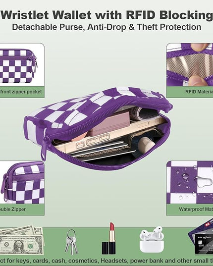Clip and Go Strap for Phone with Wallet Crossbody, Adjustable Phone Lanyard with Detachable RFID Wristlet Wallet, Phone Strap with Phone Tabs for All Phones, Purple Checkered (M)