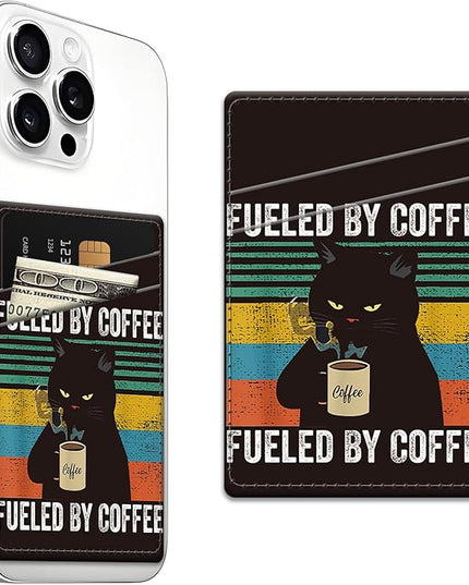 Phone Card Holder, Dual Pocket Leather Wallet Adhesive Stick On, Cute Credit Card Holder for Smartphones Case Compatible with Most Phone（Cat drinking coffee）