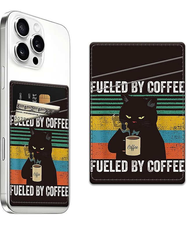 Phone Card Holder, Dual Pocket Leather Wallet Adhesive Stick On, Cute Credit Card Holder for Smartphones Case Compatible with Most Phone（Cat drinking coffee）