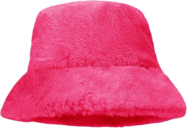 Women Plush Fluffy Bucket Hat Warm Lining Winter Faux Fur Cozy Wide Brim Winter
