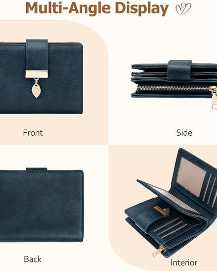 HUANLANG Small Wallets for Women Rfid Blocking Leather Bifold Credit Card Holder Ladies Wallet Zipper Pocket with ID Window