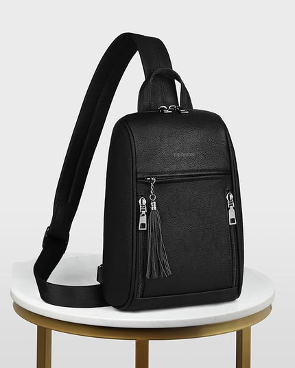FADEON Sling Bag for Women, Crossbody Backpack with Tassels, Designer Leather Shoulder Chest Bags for Travel