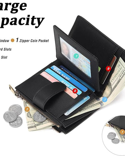 GAEKEAO Small Wallet for Women, Bifold Leather RFID Blocking Ladies Compact Card Holder with Zipper Pocket & ID Window