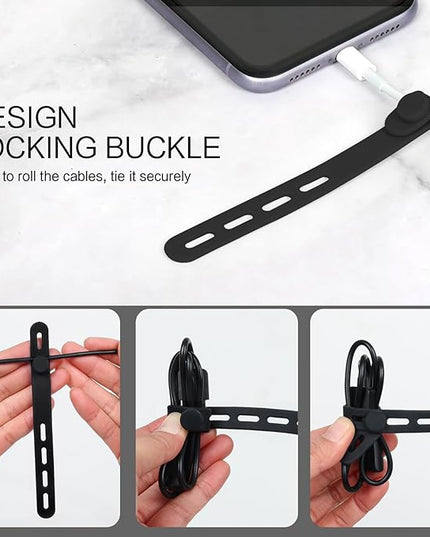 Donruby 24Pcs Silicone Cable Ties - Reusable & Washable with Locking Buckles, Adjustable Fastening Cable Management Straps, Multi-Purpose High Elasticity Cord Organizer (Black)