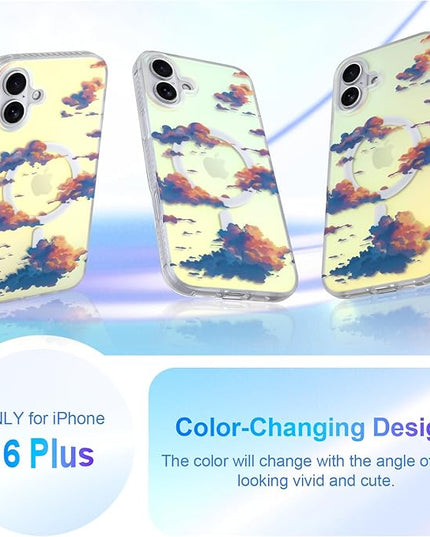 Cute Case for iPhone 16 Plus Case for Women Girls [ Compatible with Magsafe ] Aesthetic Cloud Pattern Design, Girly Glitter Sparkly Bling Protective Phone Cover, Iridescent Sun Set Sky