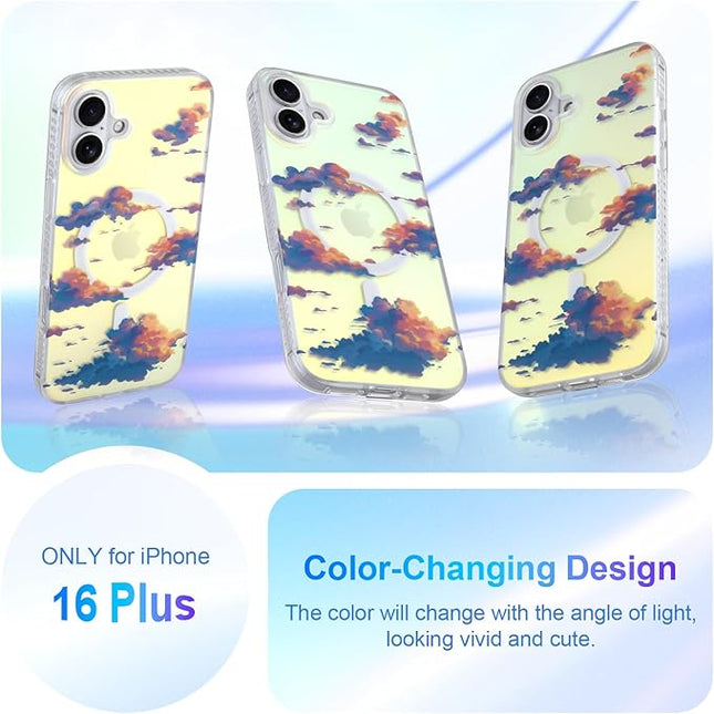 Cute Case for iPhone 16 Plus Case for Women Girls [ Compatible with Magsafe ] Aesthetic Cloud Pattern Design, Girly Glitter Sparkly Bling Protective Phone Cover, Iridescent Sun Set Sky