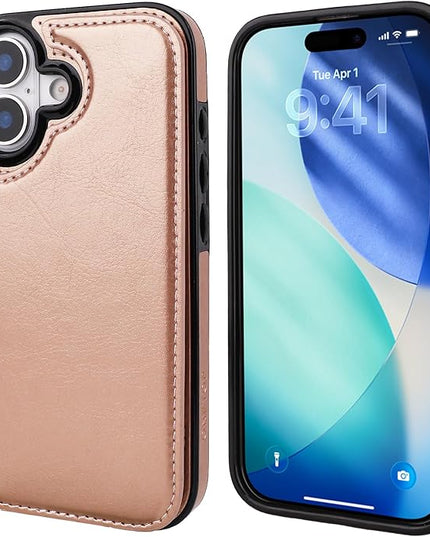 ONETOP Compatible with iPhone 17 Wallet Case with Card Holder, PU Leather Kickstand Card Slots Case, Double Magnetic Clasp and Durable Shockproof Cover 6.3 Inch (Rose Gold)