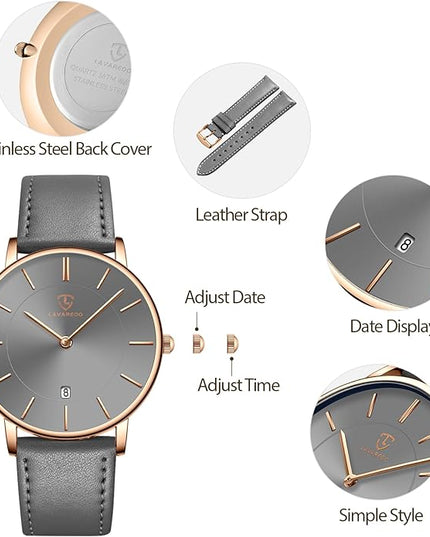 L LAVAREDO Watch for Men, Extremely Thin Mens Watches Minimalist Analog Men's Leather Wrist Watches with Time/Date, Birthday Gift for Men Boyfriend