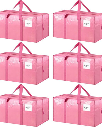 6 Pack Extra Heavy Duty Large Moving Bags with Strong Zipper & Comfortable Handles, Sturdy & Durable Clothes Storage Bags Totes Bins, Packing Moving Boxes for College Supplies, Pink