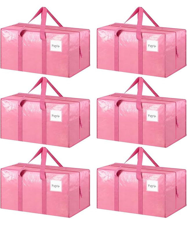 6 Pack Extra Heavy Duty Large Moving Bags with Strong Zipper & Comfortable Handles, Sturdy & Durable Clothes Storage Bags Totes Bins, Packing Moving Boxes for College Supplies, Pink