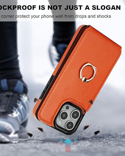 Folosu Compatible with iPhone 16 Pro Max Case Wallet with Card Holder, 360°Rotation Finger Ring Holder Kickstand, RFID Blocking Leather Protective Double Buttons Shockproof Cover 6.9 Inch Brown