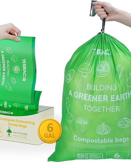 6 Gallon Compostable Trash Bags Drawstring, Heavy Duty Extra Thick 1 Mil, 35 Bags, Tall Kitchen Food Scrap Waste Bag, ASTM D6400