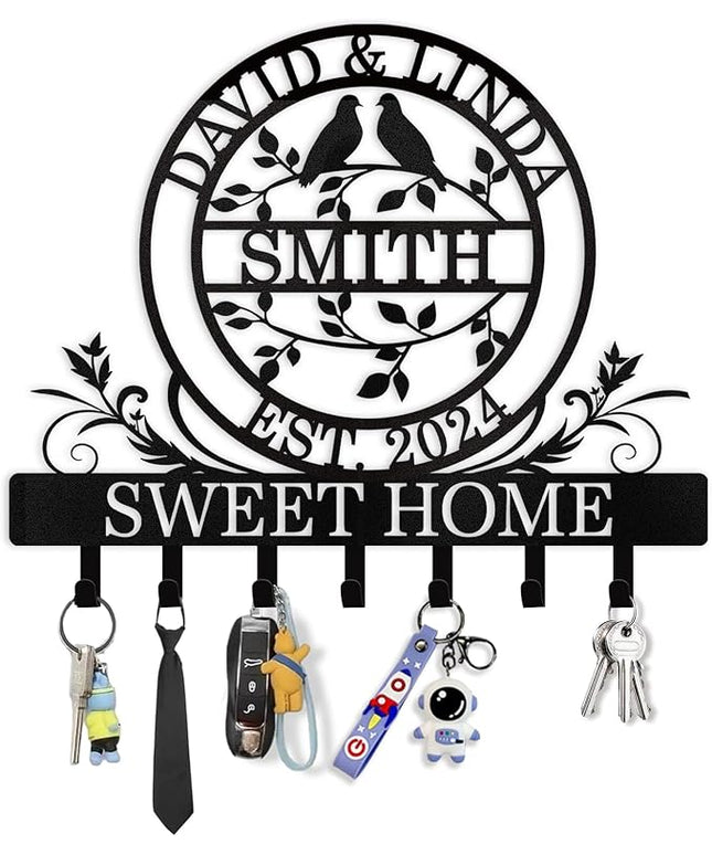 Dyoart Key Holder for Wall, Personalized Couple's Name Key Rack Coat Rack, Metal Key Holder Wall Mount for Housewarming Gifts, Key Hook Wall Hanging Bedroom Hallway Decor