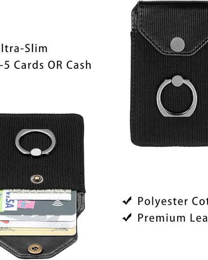 RFID Wallet Phone Case, Card Holder & Ring Stand for iPhone, Android & Smartphones - Black Polyester