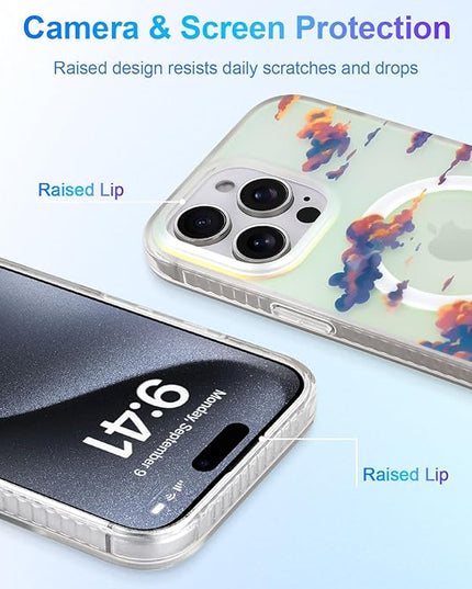 Cute Case for iPhone 15 Pro Case for Women Girls [ Compatible with Magsafe ] Aesthetic Cloud Pattern Design, Girly Glitter Sparkly Bling Protective Phone Cover, Iridescent Sun Set Sky