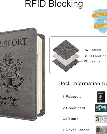 WALNEW Passport Holder for Travel, RFID Passport Cover Wallet for Women Men, PU Leather Passport Book Card Holder Case with Pen (Upgraded, Upgraded-Gray)