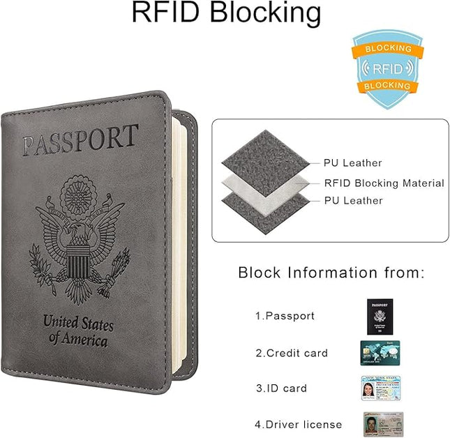 WALNEW Passport Holder for Travel, RFID Passport Cover Wallet for Women Men, PU Leather Passport Book Card Holder Case with Pen, Travelling Essentials for Flying
