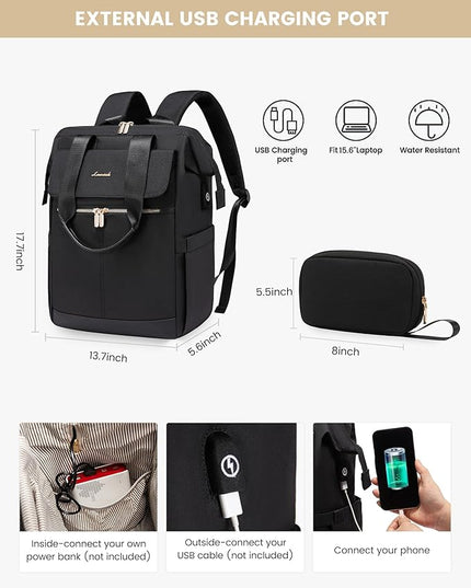 LOVEVOOK Laptop Backpack for Women, 15.6 Inch Work Laptop Bag with USB Port, Fashion Teacher Nurse Backpack Purse, Waterproof Travel Computer Backpack with Organizer Bag, 2PCS, Beige-Black