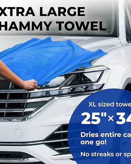 Premium XL Shammy Towel for Car - 2pk (34”x25”) - Super Absorbent Chamois Cloth - Spots & Scratch-Free - Reusable Car Drying Towel