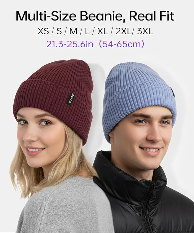 Zylioo Plus Size Fleece Lined Beanie Hat,2XL/XL/L/M/S Thermal Knitted Hat,Winter Warm Lined Snow Hats for Women Men