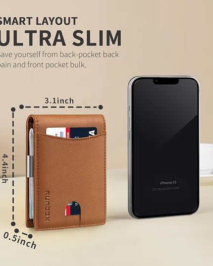 RUNBOX Slim Money Clip Wallets for Men RFID Blocking 11 Card Holder Minimalist Small Leather Bifold Men's Front Pocket Wallet Gift Box