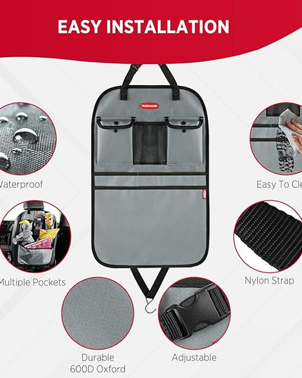 Rubbermaid Backseat Car Organizer, Kick Mats and Seat Back Protector, Car Organizer for Kids with 6 Storage Pockets, Travel Essentials for SUV, Truck, Car - 2 packs Gray