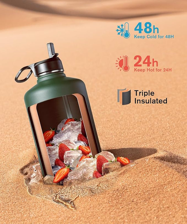 Coolflask 128 oz Gallon Water Bottle Insulated with Straw&3 Lids, Water Jug Large Stainless Steel Metal Vacuum Wide Mouth for Sports, Gym or Office, Non-BPA Keep Cold 48H Hot 24H, Dark Green