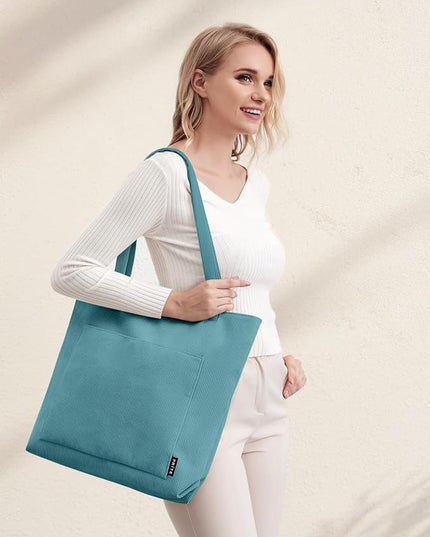 Prite Corduroy Tote Bag for Women Large Shoulder Bag with Zipper and Pockets for College Work Travel Shopping