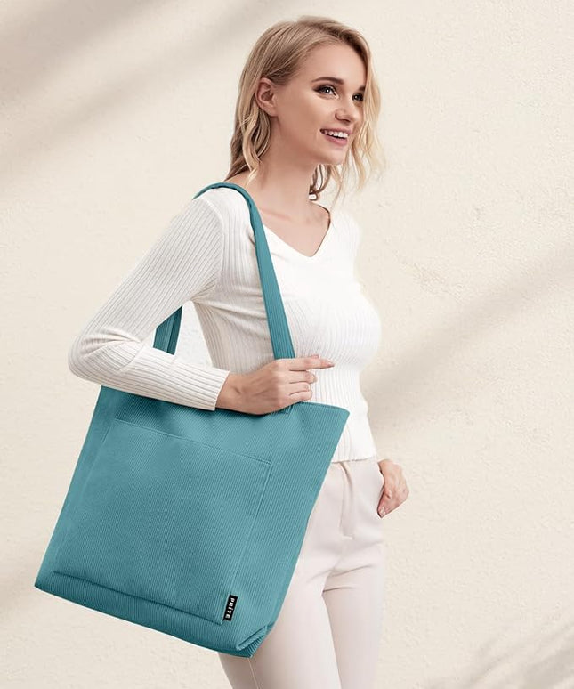Prite Corduroy Tote Bag for Women Large Shoulder Bag with Zipper and Pockets for College Work Travel Shopping