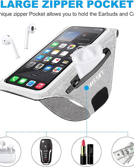 Cell Phone Running Armband with Earbuds Zipper Pocket Armband Case Running Holder for iPhone 16 Pro Max/15/14 Pro Max/13/12 /11 Pro Max/XS/XR,Galaxy S20 S10,Sweatproof Arm Band with Card/Key Bag