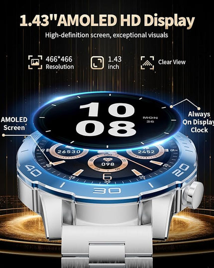 Military Smart Watch for Men(Answer/Calls),1.43''AMOLED Screen,500mAh 5ATM Waterproof,170 Sports Modes, Fitness Tracker Watch with Heart Rate/Blood Pressure/SpO2 for Android/iOS,Smartwatch Black