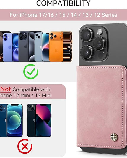 Defencase for Magsafe Wallet Magnetic Card Holder RFID Blocking, PU Leather Minimalist Phone Wallet for MagSafe Phones and Cases for iPhone 17/16/ 15/14/ 13/12/ Pro/Max/Plus/Air, Rose Pink