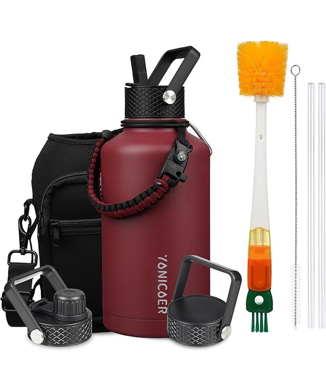 Insulated Water Bottle 64oz,Triple Wall Vacuum Stainless Steel(Dishwasher Safe),Leak Proof & Non-BPA,Flask Jug with Paracord Handle & Straw Spout Lids Sports Red