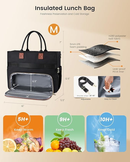 LOVEVOOK Insulated Lunch Bag,2-in-1 Work Tote Bag with Lunch Compartment,Large Capacity Professional Work Bag for Women,15.6 Inch Laptop Bag with Cup Holder for Teacher,Nurse,College,Office,Travel