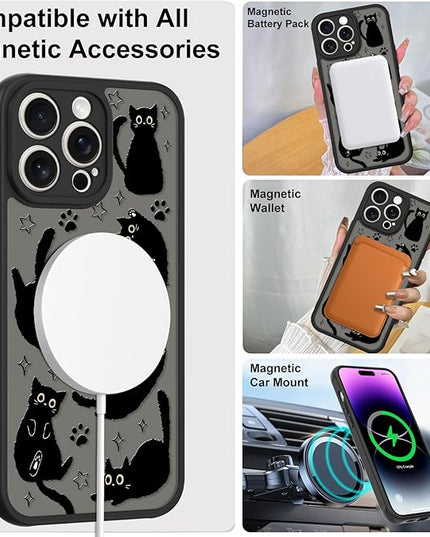 Cute Magnetic Case for iPhone 14 Pro Case [ Compatible with MagSafe ] with Black Cat Cats Pattern Design for Women Girls Boys, Soft Bumper Hard Back Kawaii Animal Protective Phone Cover