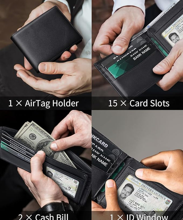 Mens Genuine Leather Bifold RFID Blocking Wallet with 14 Card Slots, ID Window & 2 Cash Pocket - Includes Gift Box