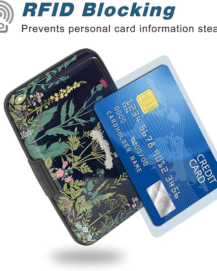 Atufsuat Credit Card Holder, Mini Aluminum Card Wallet RFID Blocking Slim Metal Hard Card Case for Women Men, Daisy Flower