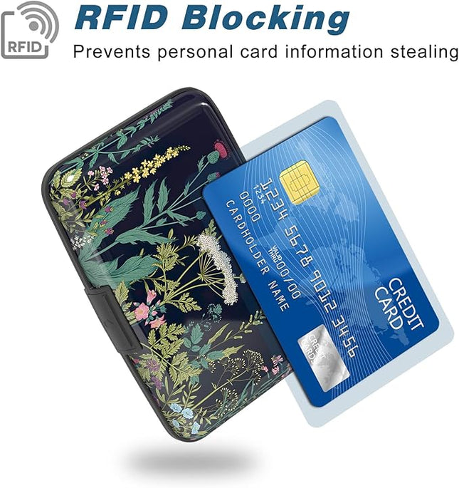 Atufsuat Credit Card Holder, Mini Aluminum Card Wallet RFID Blocking Slim Metal Hard Card Case for Women Men, Daisy Flower