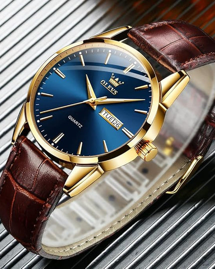 OLEVS Watches for Men Brown Leather Gold Case Analog Quartz Fashion Business Dress Watch Day Date Luminous Waterproof Casual Male Wrist Watches