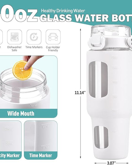 BLUEGO 40oz Glass Tumbler with Lid and Straw, Glass Water Bottles with Handle, Glass Cup with Time Marker and Silicone Sleeve, Fits Most Cup Holder, Leak-proof, White