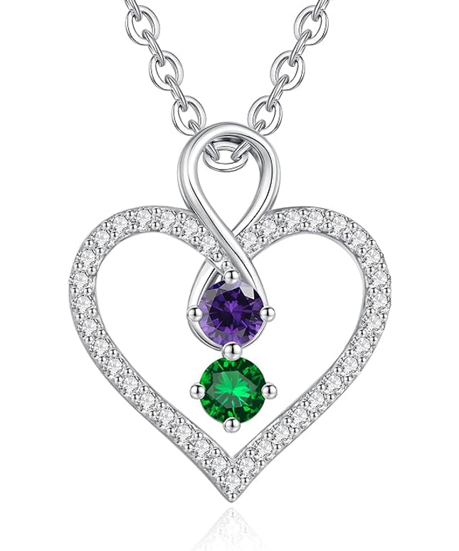 LOUISA SECRET Infinity Double Birthstone Necklace, 925 Sterling Silver Tiny Pendant Heart Necklace for Women Wife Her, Best Jewelry Gift Heart Jewelry Meaningful Gift for Valentine's Day, Christmas, Birthday Anniversary