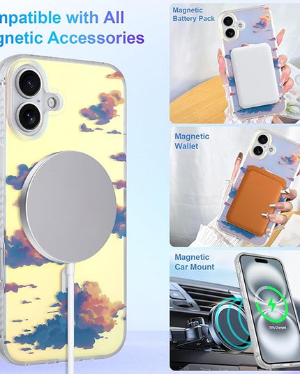 Cute Case for iPhone 16 Plus Case for Women Girls [ Compatible with Magsafe ] Aesthetic Cloud Pattern Design, Girly Glitter Sparkly Bling Protective Phone Cover, Iridescent Sun Set Sky