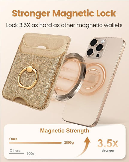 Shorogyt Compatible with Magsafe Wallet Magnetic Card Holder - Phone Wallets with Ring Grip Stand Cute Fashion for iPhone 17/16/15/14/13/12 Series for Women Girls Glitter Gold Design, Fit 3 Cards