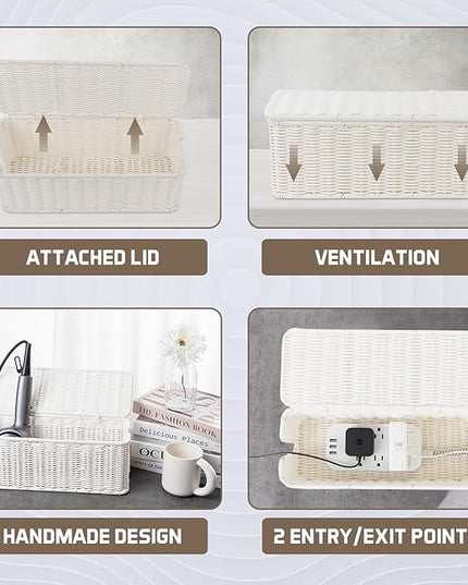 Cable Management Box, Handmade Rattan Cable Organizer with 2 Open Slots, Cord Hider for Power Strip, Router & USB Hub, Registered U.S. Design Patent (D1,112,102), 13" x 5.1" x 5.1", White
